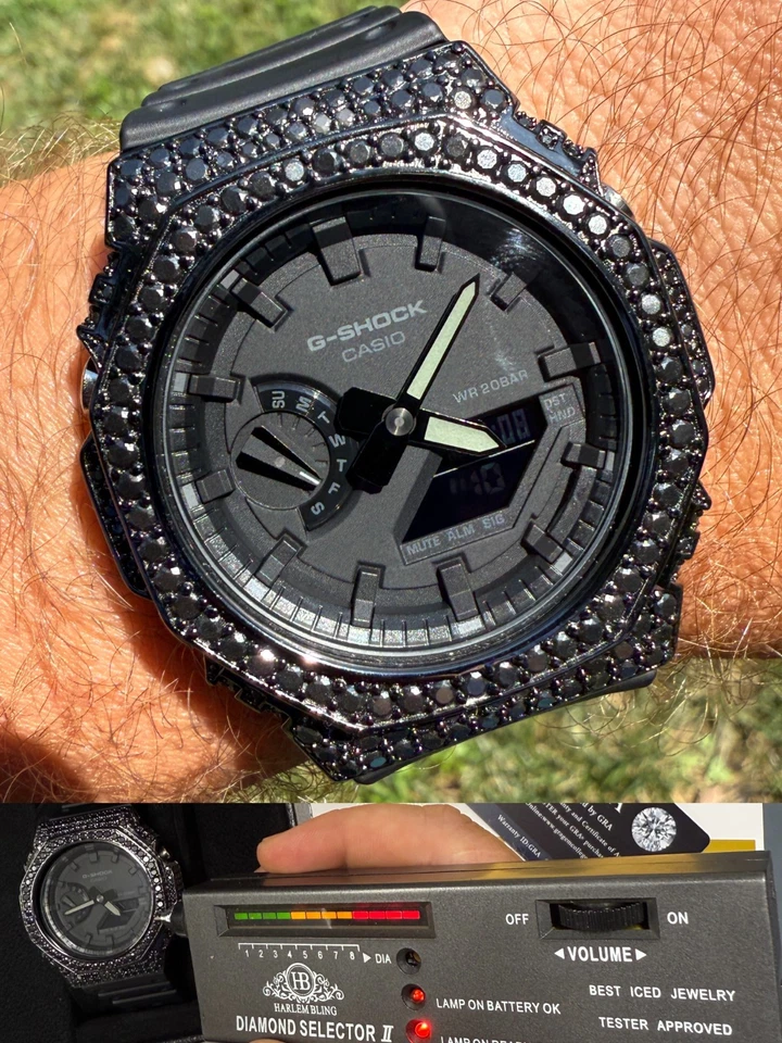 BLACK MOISSANITE Real Black 925 Silver Iced Casio G Shock GA2100 Hip Hop Watch