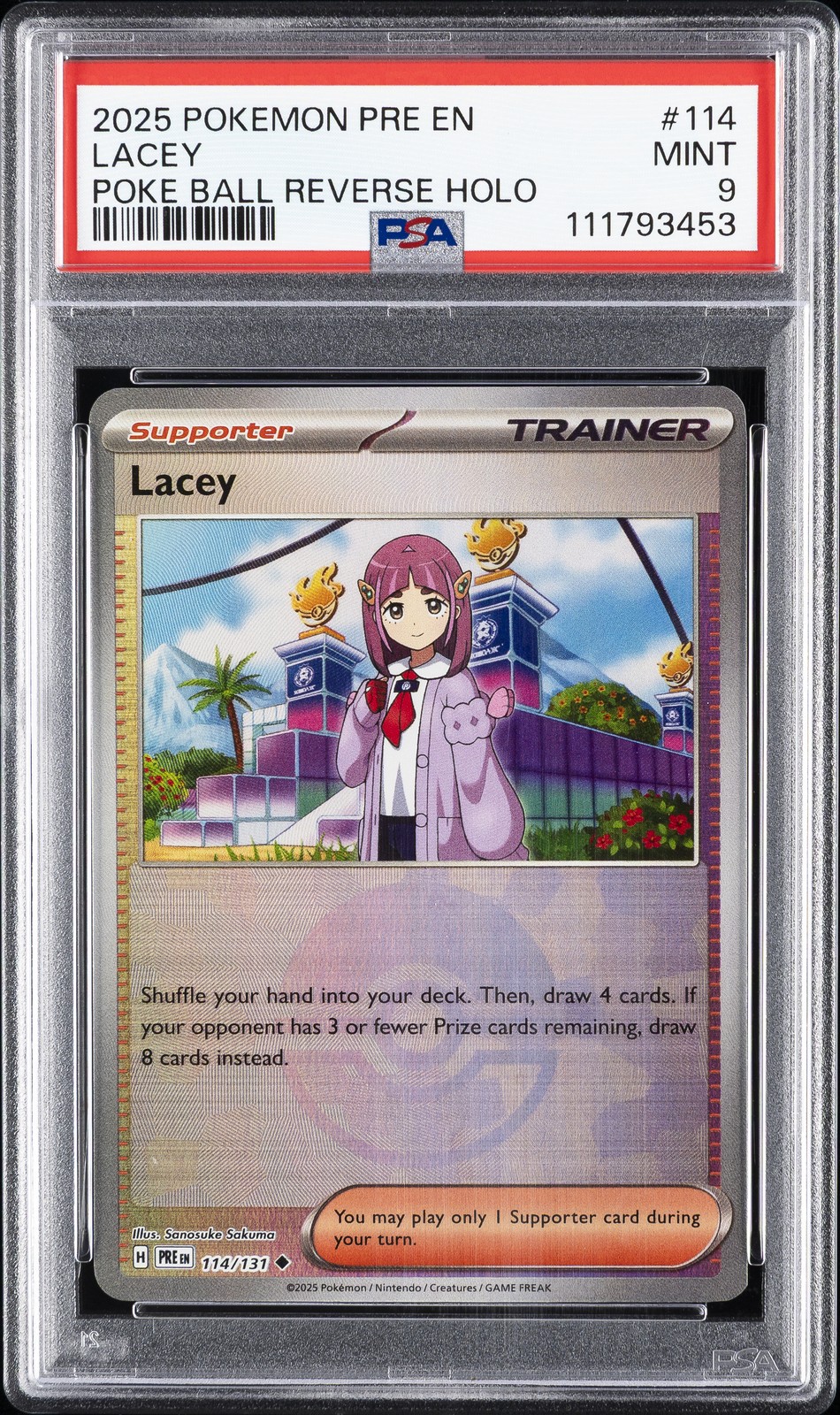 2025 POKEMON PRE EN-PRISMATIC EVOLUTIONS POKE BALL REVERSE HOLO #114 LACEY PSA 9