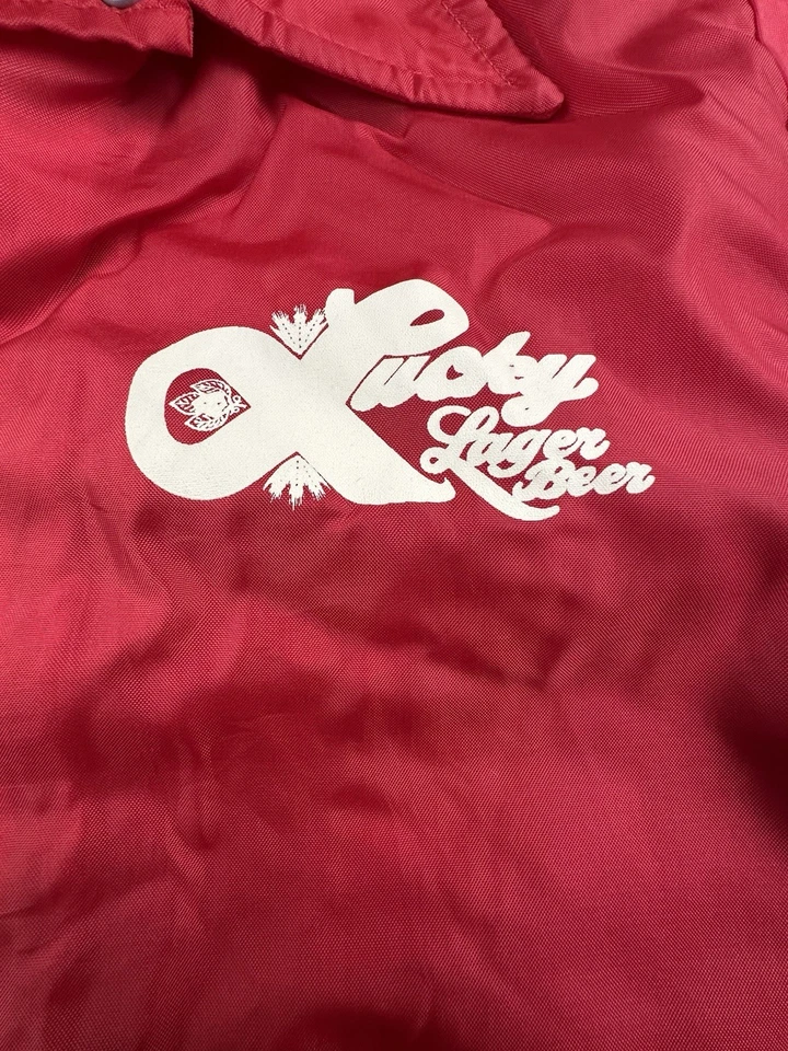 Red Lucky Lager Beer Jacket Vintage Size Small Fleece Lined - Image 2 of 4