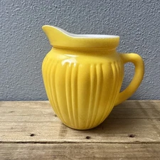Vintage 1940's Hazel Atlas Platonite Ribbed Yellow & White Glass Creamer Pitcher