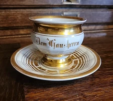 Antique KPM German Porcelain Cup & Saucer Set Heavy Gold Decoration Occupational