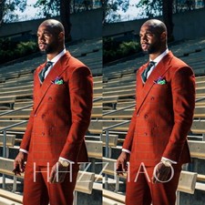 Red Check Men's Suits Peak Lapel Double Breasted Wedding Groom Tuxedo Two Pieces