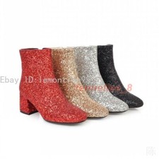 Womens Boot Round Toe Zip Ankle Boots Glitter Block Mid Heels Wedding Shoes