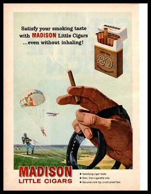 1966 Madison LIttle Cigars Extra Mild Cork Tipped Parachutist AirPlane Print Ad