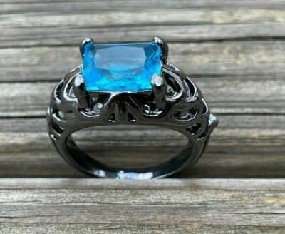 Fashion Ring Black Tone Faux Blue Stone Women Rings Fashion
