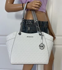 MICHAEL KORS JET SET TRAVEL LARGE SHOULDER CHAIN TOTE BAG MK SILVER WHITE