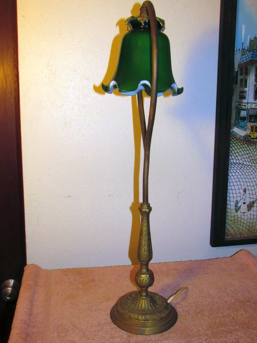 Vintage Tall Brass Lamp Green SHADE Western Old Steam Rustic Table Light IH