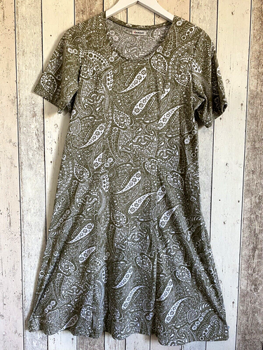 Damart Dress 12 Khaki White Paisley Short Sleeved Cotton Mix Jersey Fit & Flare