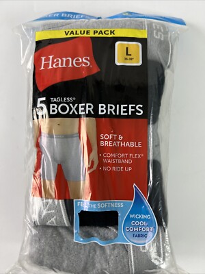 Hanes Mens Boxer Briefs 5 Pack Sz Large 36''-38'' Tagless 100% Cotton Grey Blk F16