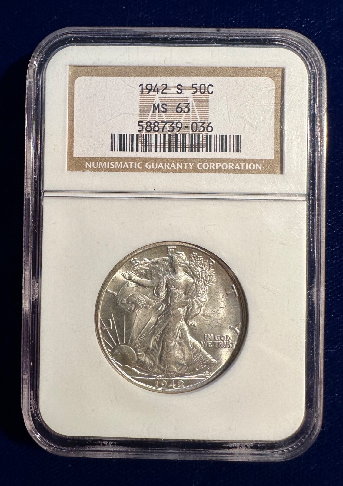 U.S. 1942-S WALKING LIBERTY HALF DOLLAR, CHOICE UNCIRCULATED NGC CERTIFIED MS63