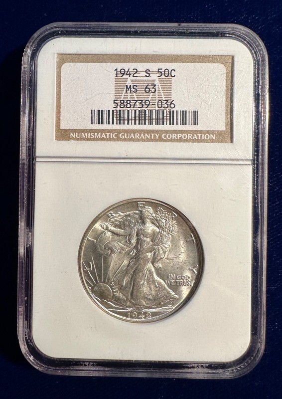 U.S. 1942-S WALKING LIBERTY HALF DOLLAR, CHOICE UNCIRCULATED NGC CERTIFIED MS63