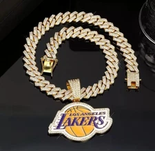 Los Angeles Lakers GEM Chain Necklace 24" Bling Pendant Gold /Silver Fan Jewelry