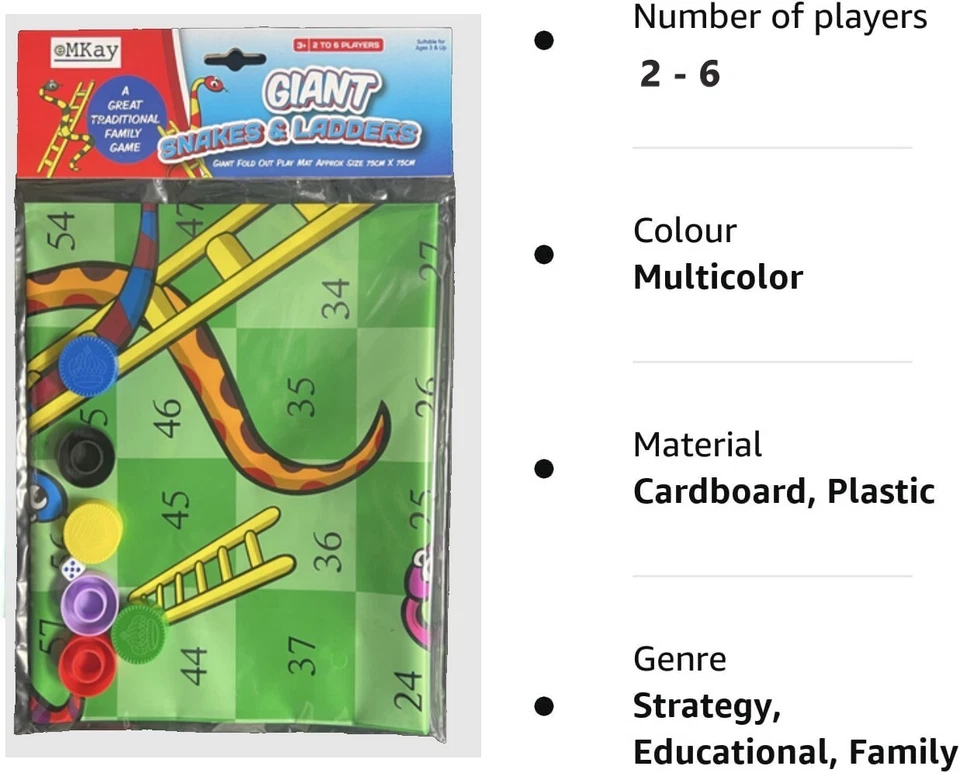 eMKay Giant Snakes & Ladders Fold Out Play Mat Game, 2-6 Players 75 x 75 cm Appx - Image 4 of 4