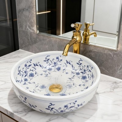 16 Inch Bathroom Vessel Sink, Blue and White Porcelain Ceramic Vessel Sink wi...