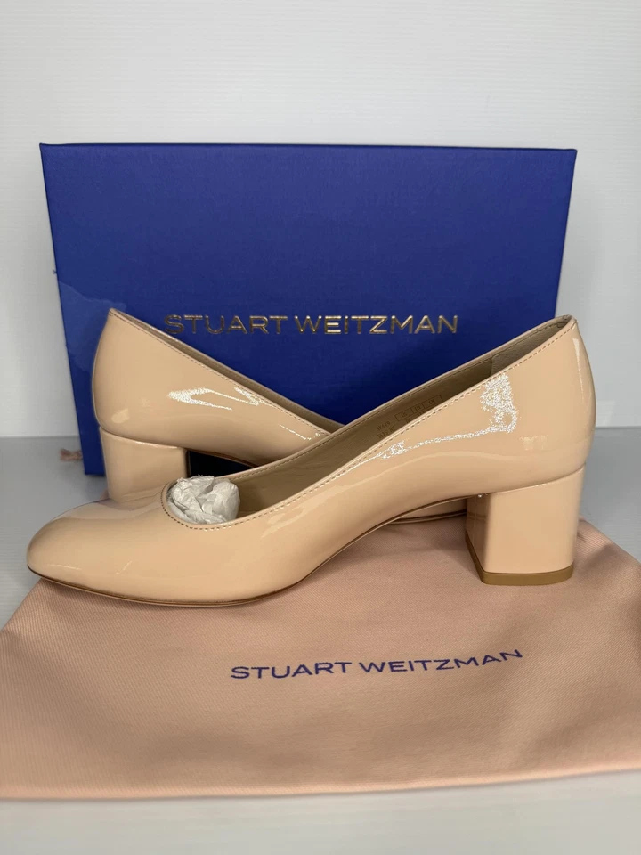 Stuart Weitzman Shoes Womens Size 7.5 Nude Beige Patent Pumps Square Toe MAEV 50 - Image 2 of 4