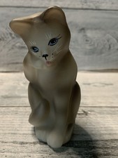 Fenton Glass White  Grey Satin Hand Painted Grooming Cat Signed S. Jackson