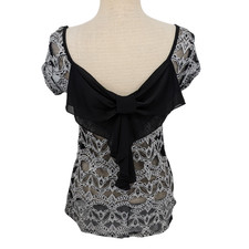 Black and White Sheer Lace Top M Chiffon Bow 90s Whimsigoth Coquette Dark Fairy