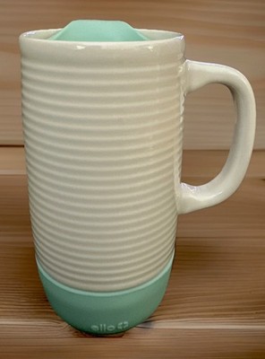 Ella Jane Ceramic Travel Mug in White & Teal With Slider Lid 18 Ounce Capacity