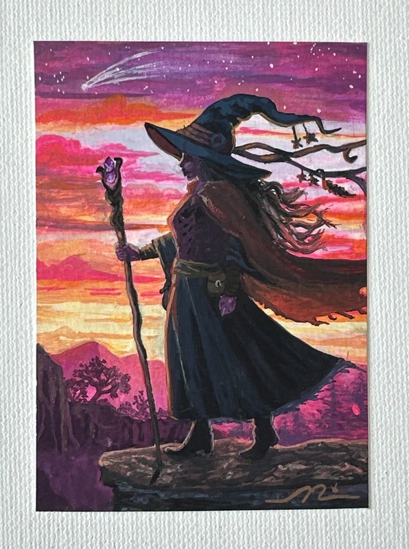 ACEO OOAK Original Art Halloween Woman Girl Witch Spooky Sunset by melodie-maker