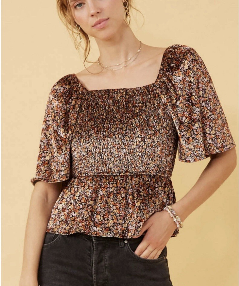 Hayden LA Women’s XL Floral Velvet Smocked Babydoll Top Cropped Y2K Coquette