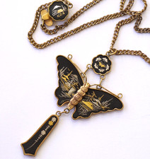 Vintage Japanese Komai Shakudo Damascene butterfly necklace