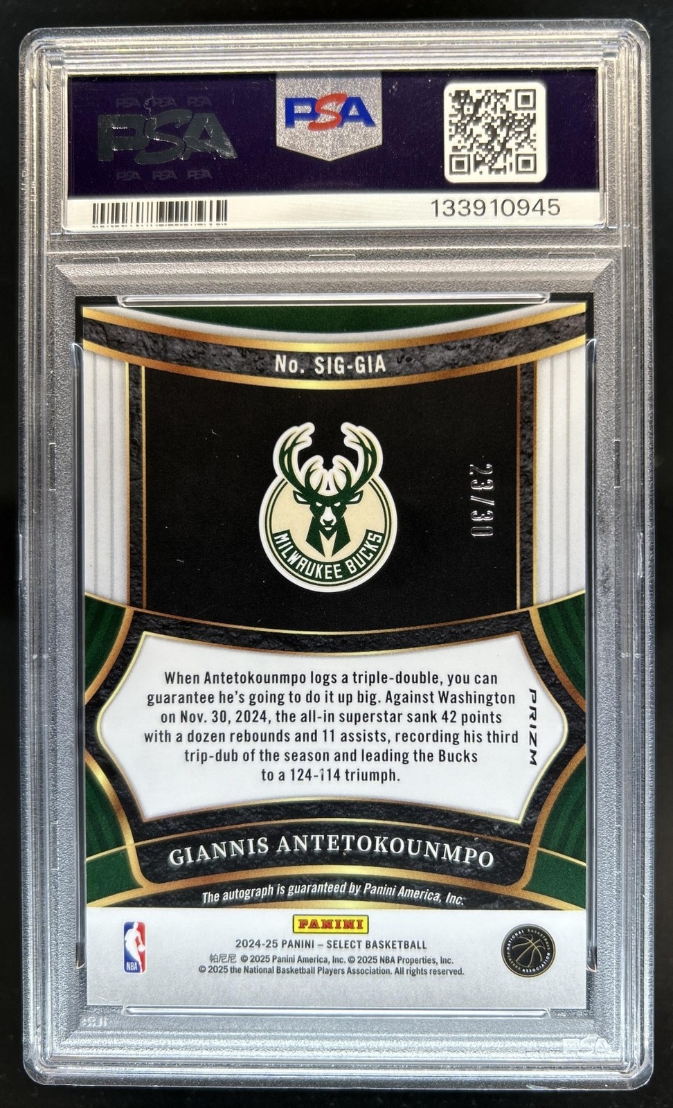 2024-25 Select Giannis Antetokounmpo Neon Orange Pulsar Auto #/30 PSA 10 view 2