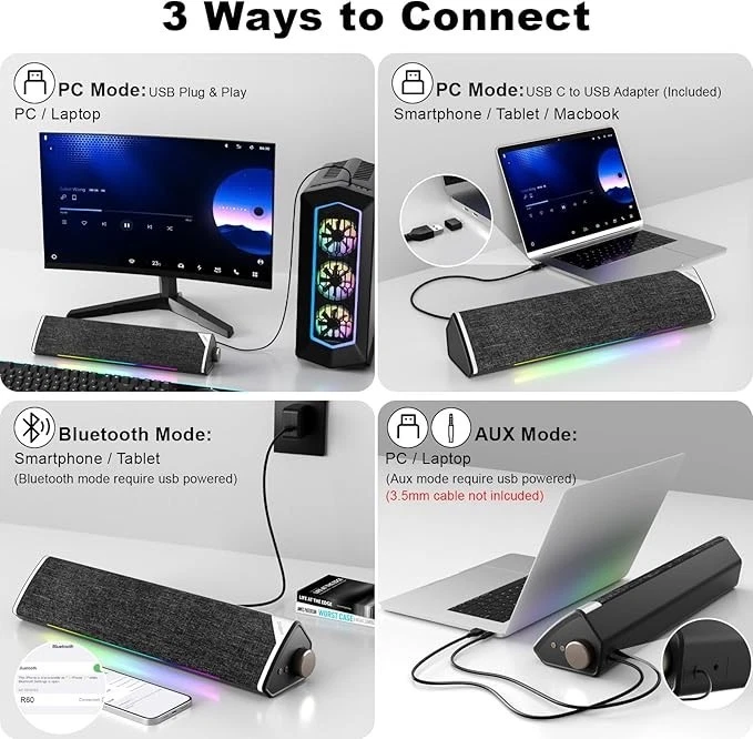 PC Lautsprecher USB Bluetooth Soundbar für Laptop Monitor Gaming USB-betriebe - Bild 3 von 3