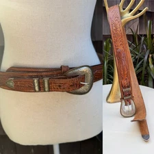 Vtg Western Ranger Belt Tooled Leather  MT Silversmiths Buckle Tips 32-35”