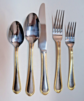 Golden Bead and Ribbons Tip Stainless 129 Pieces 12 Places Setting 5 Piece Plus