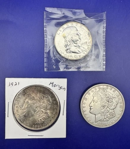 3 Silver Coins 1957 P Franklin Half Proof 1921 D Morgan & 1921 P Morgan Toning