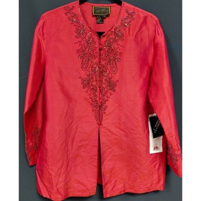 NWT Diane Gilman Collection Silk Embroidered Top Red Long Size M