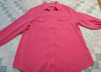 Chico s Button-Up Roll-Tab Sleeve Chest Pockets Pink Blouse Sz. L