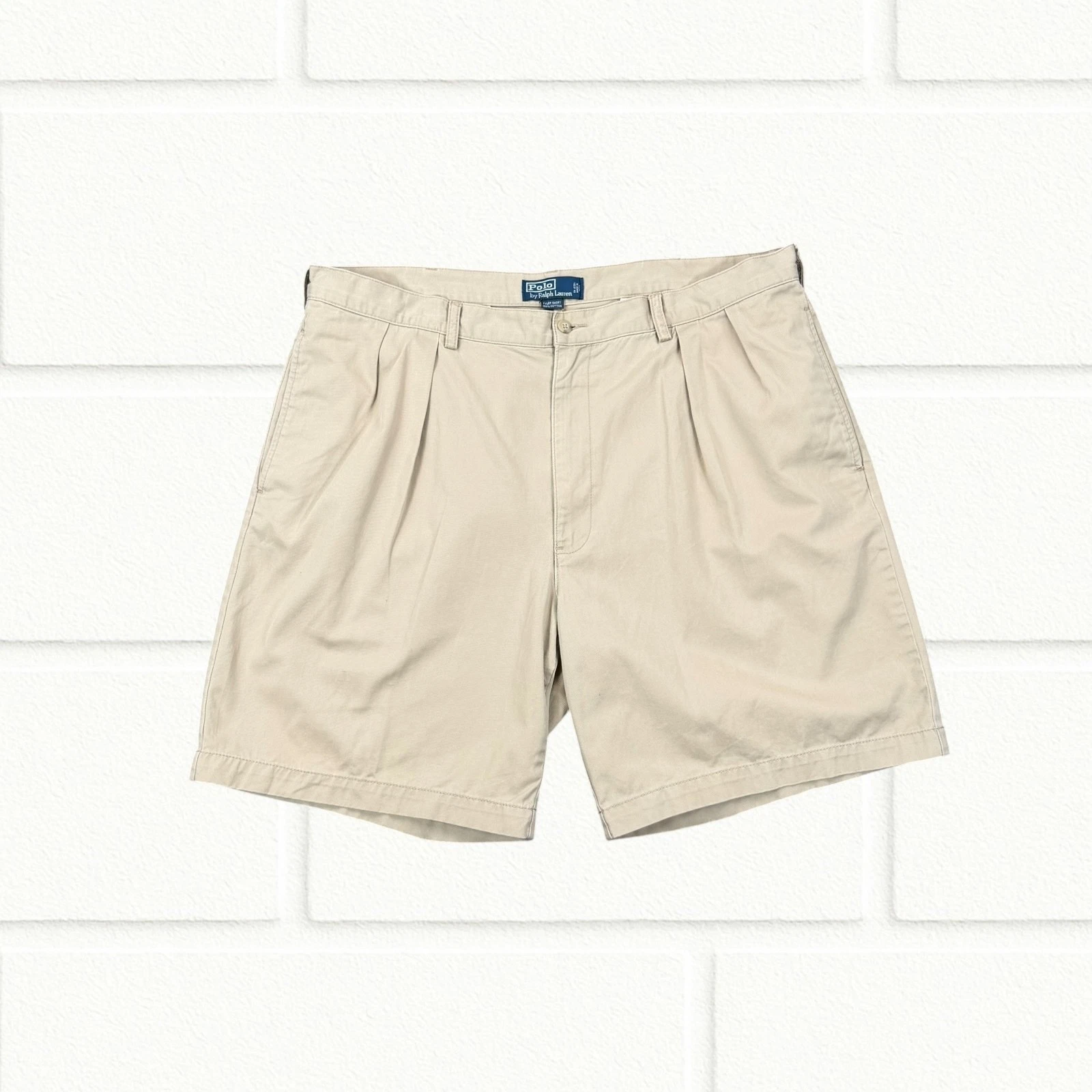 Polo Ralph Lauren Beige Pleated Chino Shorts W42 Mid Rise Cotton Pockets Logo