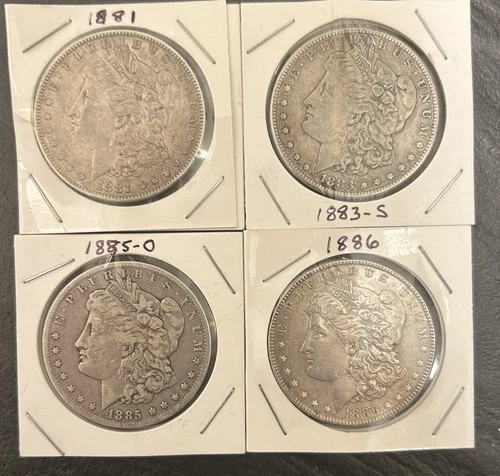 Lot of 4 Morgan Silver Dollars 1881, 1883-S, 1885-O, 1886 VF & AU