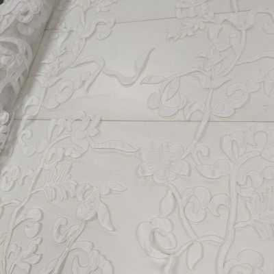 White Satin Floral Design Sewn On Tulle Fabric 60 Inches Long Totaling 6 Yards