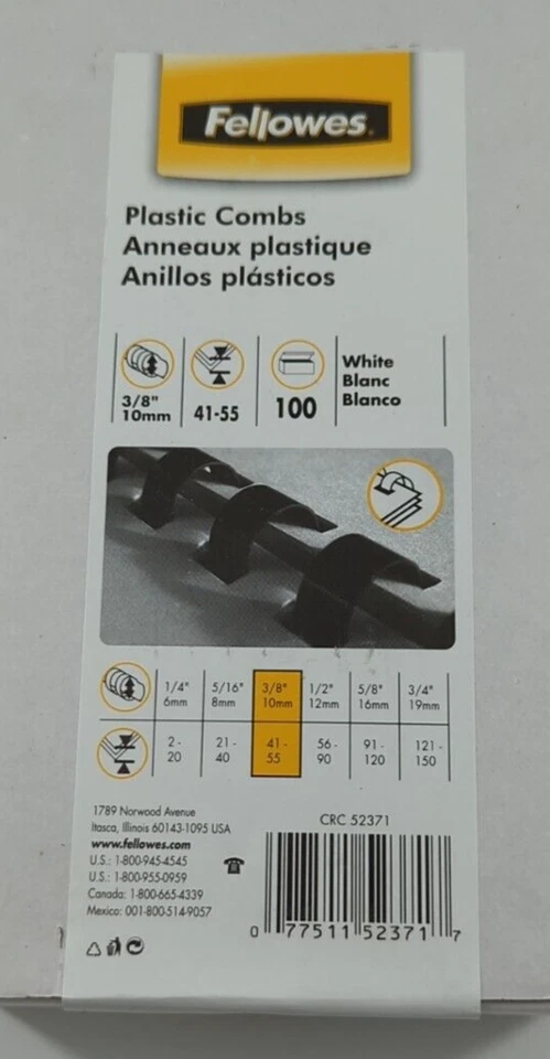 Fellowes Spines Plastic Combs 100 Pack Binder Clips White 3/8" Dia 41-55 Sheets - Image 2 of 4