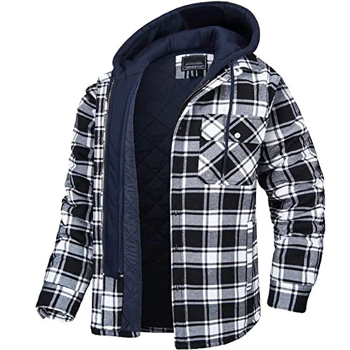 Chaqueta Camisa de Franela a Cuadros Para Hombre Completamente Acolchada Forrada 5 Bolsillos Cálida Cremallera Sudadera con Capucha - Imagen 9 de 19