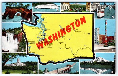 WASHINGTON STATE MAP AND ROADSIDE ATTRACTIONS LINEN KROPP POSTCARD