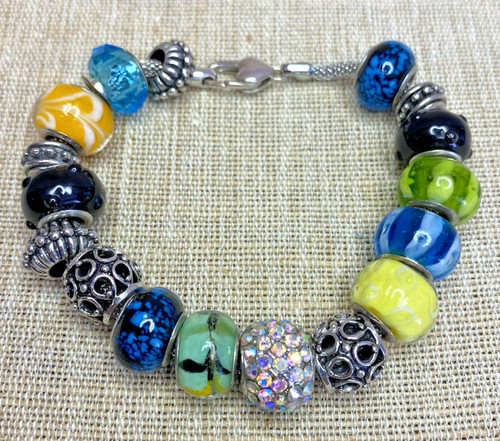8" Murano-Style Lampwork Glass European Charm Bracelet Heart Lobster Clasp