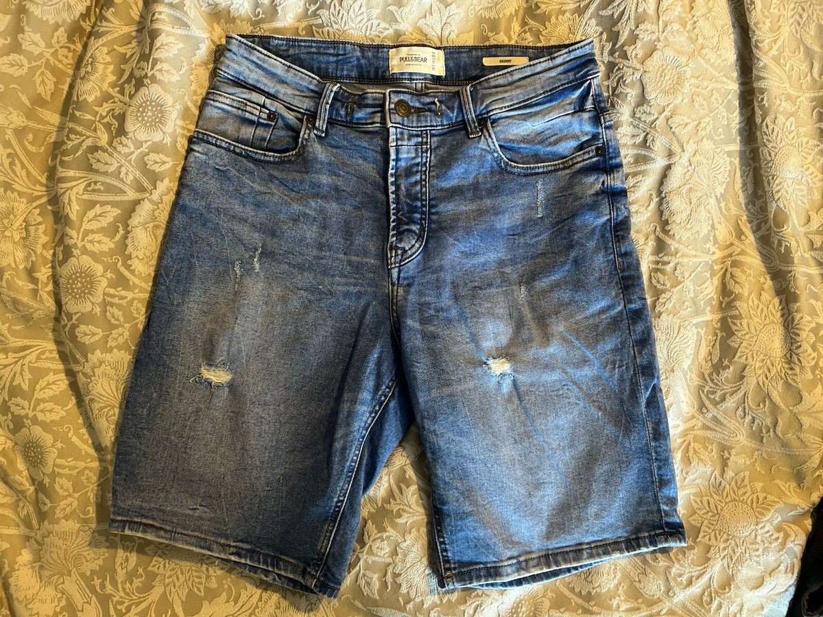 Pull Bear Mens Blue Slim Skinny Denim Shorts UK W30 Distressed