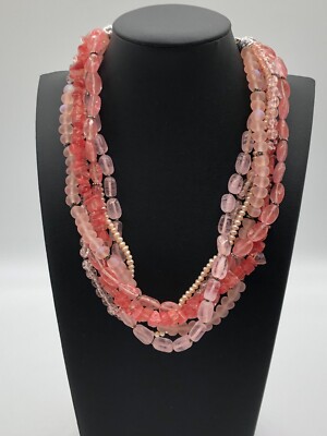 VTG NOS CAROLEE Pink Multi Strand Glass Bead Necklace Faux Pearl Silver Tone