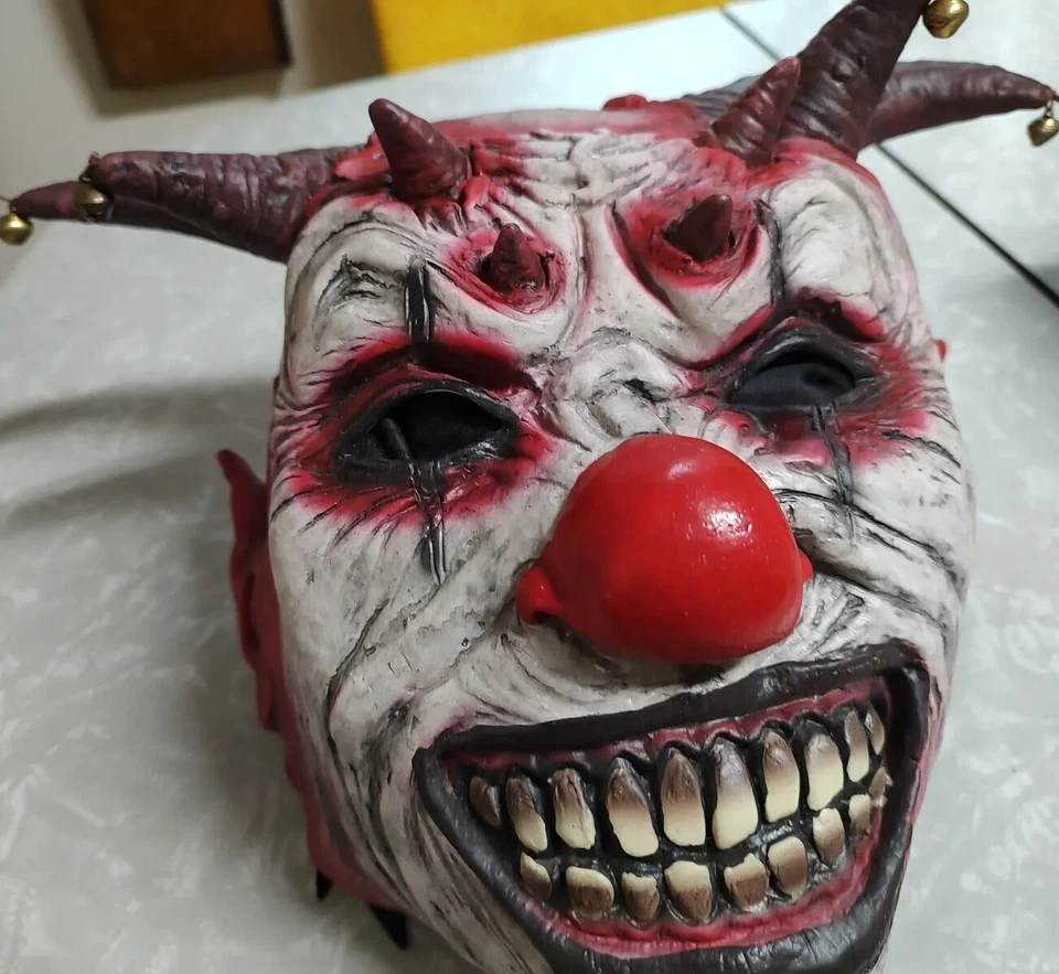 Adult "Jingle Jangle" Demon Clown Jester Full Latex Mask Devil Horns Bells Scary - Image 3 of 4