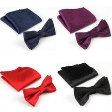 Men's Fashion Silver Polka Dots Bow Tie Handkerchief Wedding Pocket Square Set