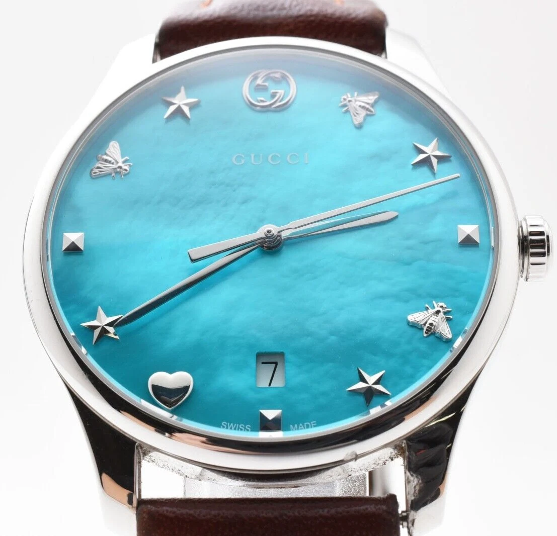 *PRESQUE COMME NEUVE* Montre Gucci 126,4 date cadran bleu coquille pour homme QZ du JAPON