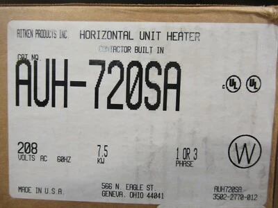 AITKEN PRODUCTS Aitken AUH-720SA, Horizontal Unit Heater, 7.5 KW, 208 Volt, 1 or 3 Phase, NEW-B