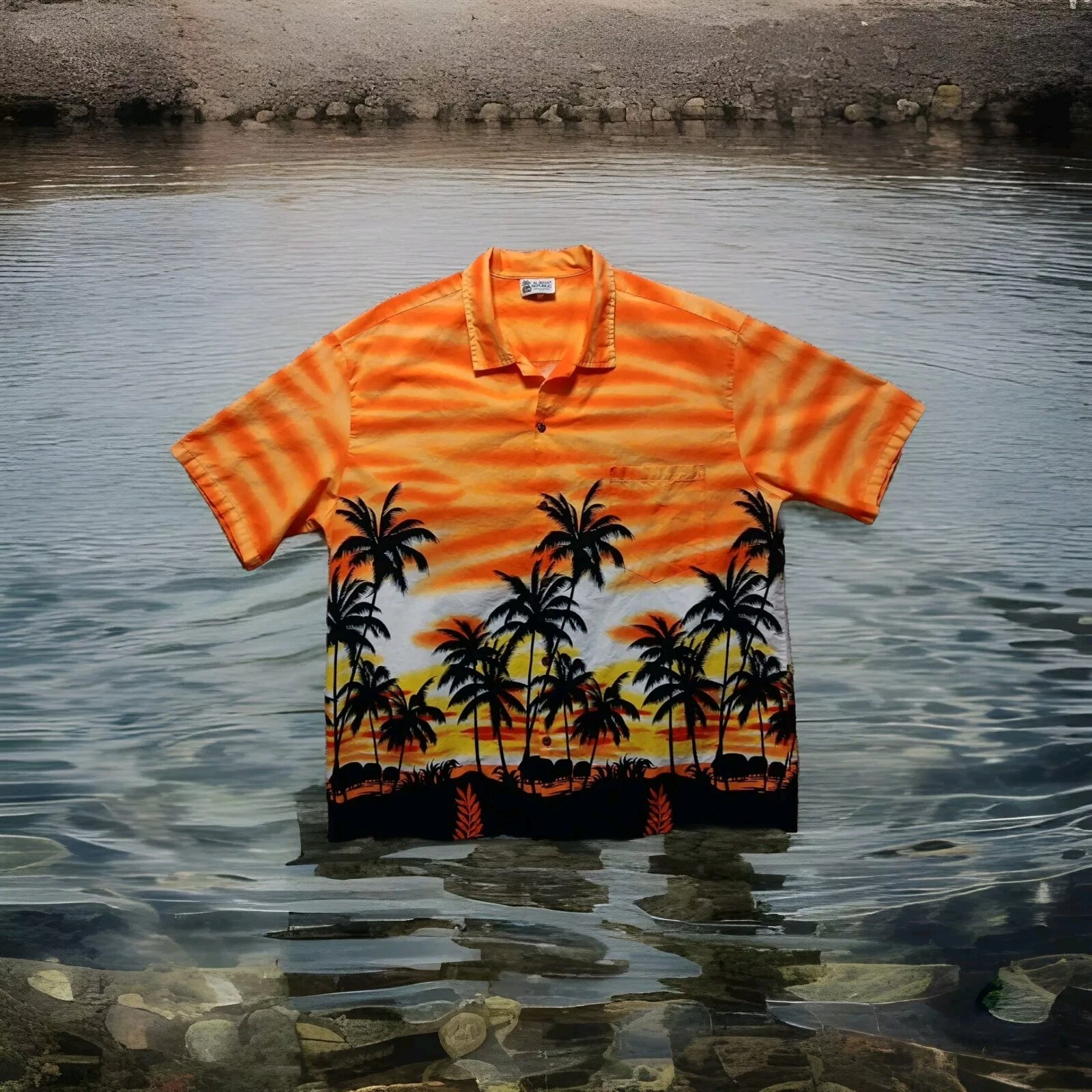 Aloha Republic Hawaiian Shirt Men's 2XL Button Up Blue Sunset Beach Palms Cotton