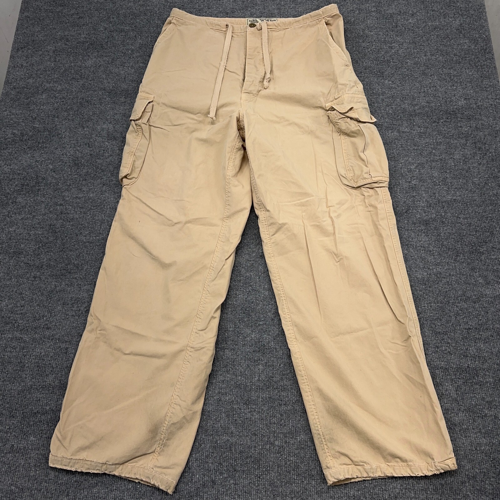 Abercrombie & Fitch Cargo Pant Men M Cream Tan Vintage Button Fly Drawstring Y2K