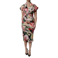 DOLCE & GABBANA Dress Multicolor Floral Short Sleeves Sheath Midi IT36/US2/XS