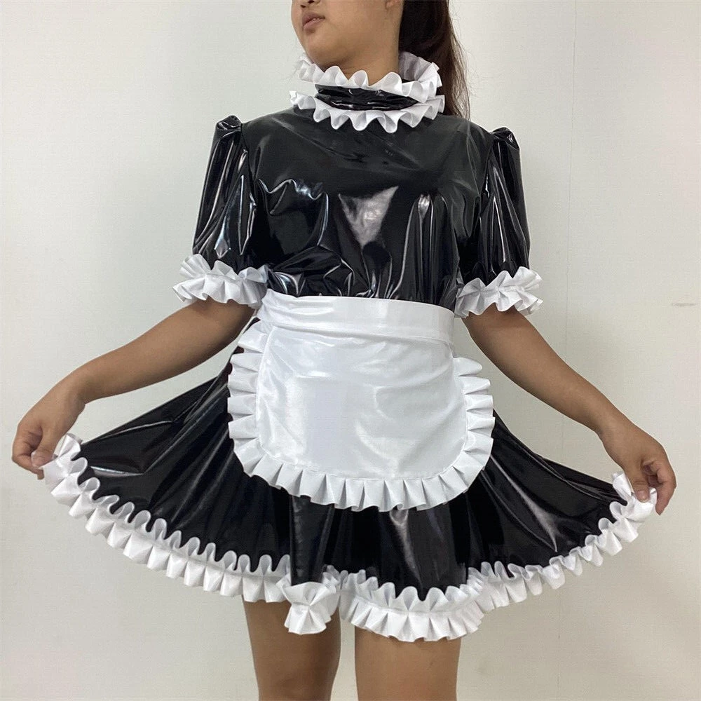 Sissy Girl Maid Lockable Black PVC fluffy Dress Cosplay costume Tailored