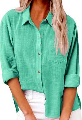 Womens Cotton Linen Button down Shirts Fall Casual Loose - Green - 4XL